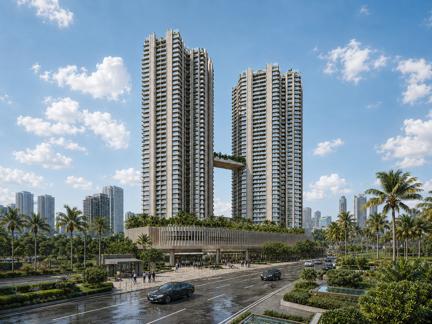 Twin residential towers connected by a sculptural skybridge