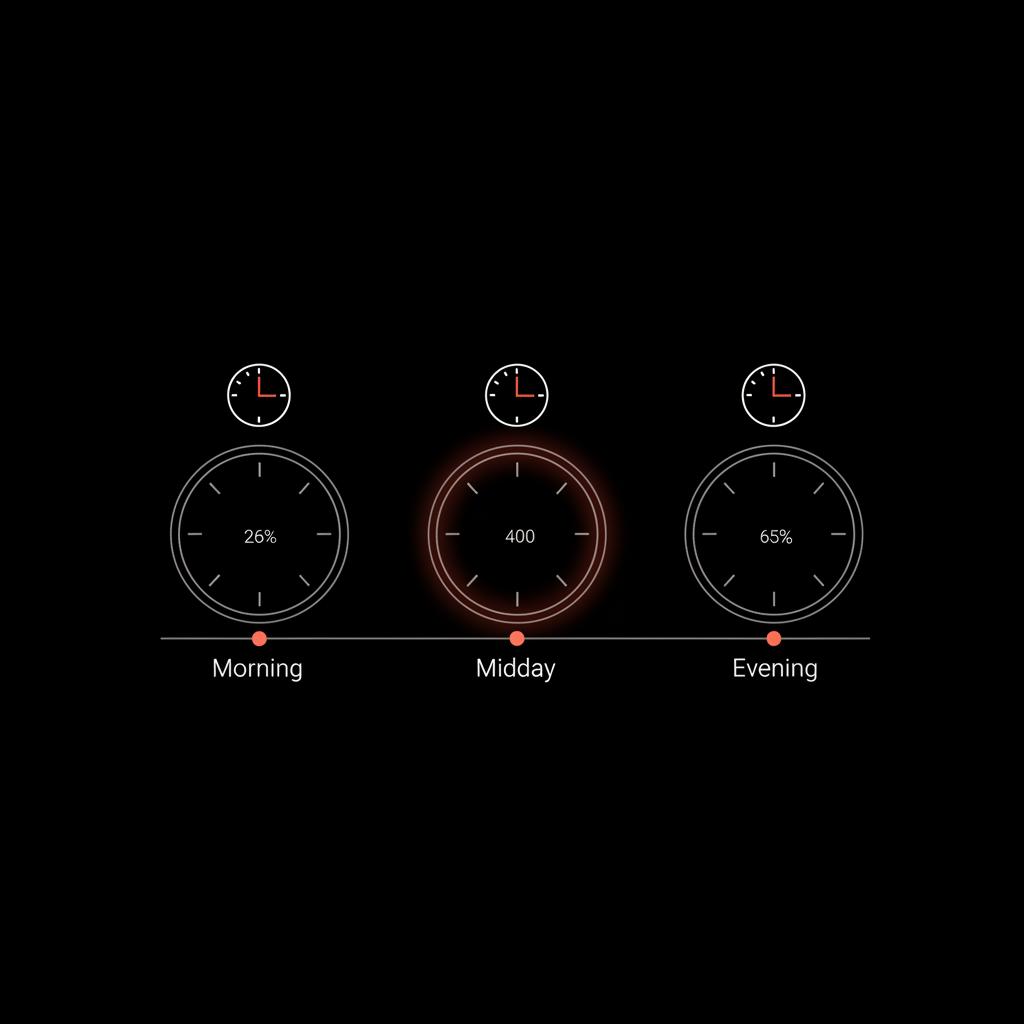 Minimal full-frame infographic of a three-bucket testing timeline (morning, midday, evening) with vector clocks and brand colors illustrating best time to post on Instagram.