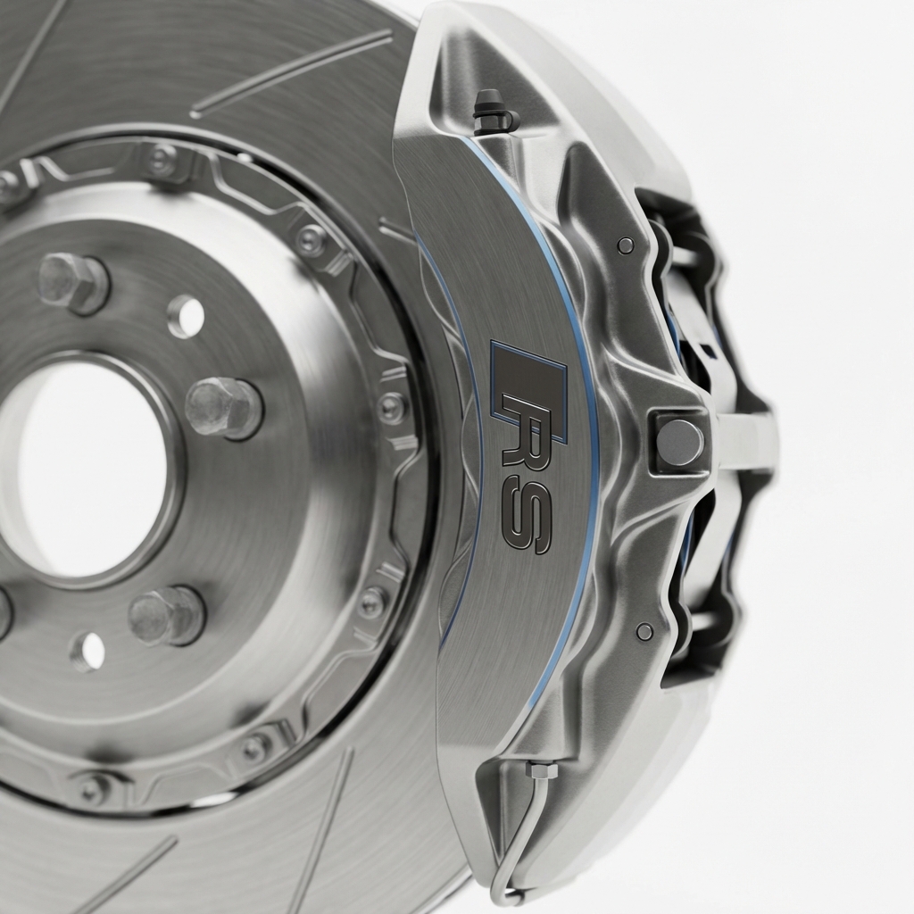 Close up detail of Audi RS7 brake rotor and caliper with RS badging on a clean white background, minimalist studio lighting perfect for audi rs7 for sale listing