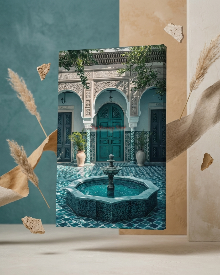 Moroccan Riad Courtyard & Fountain Canvas Wall Art – Teal Door Architecture Print