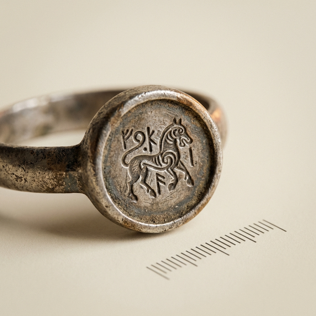Antique viking ring macro close up of a bezel with carved intaglio and a small millimeter scale on a minimalist warm cream background