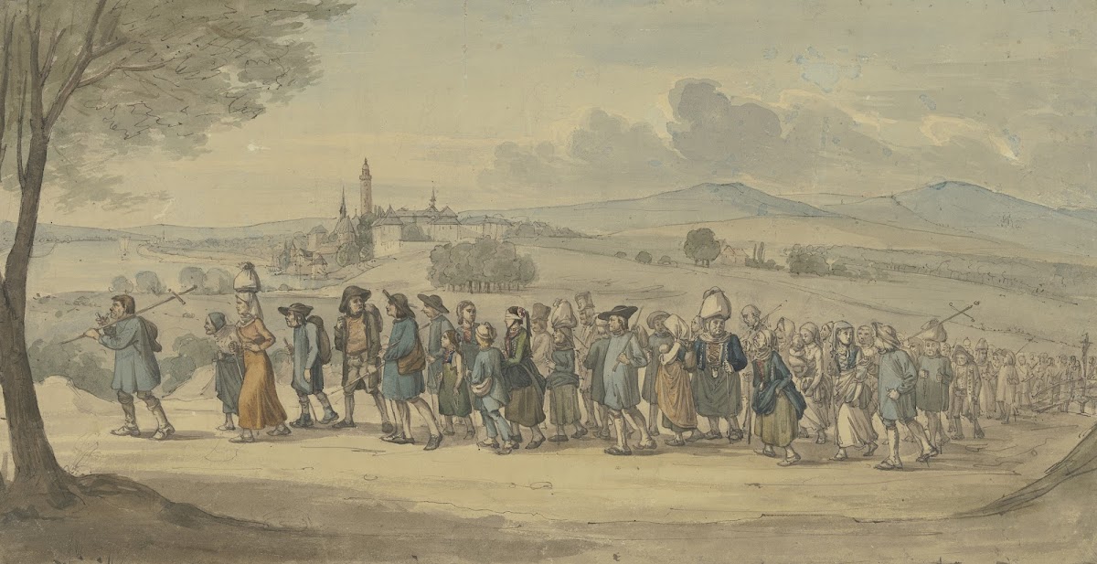 Walldürer Wallfahrer ziehen bei dem Städtchen Höchst am Main vorbei ca 1830