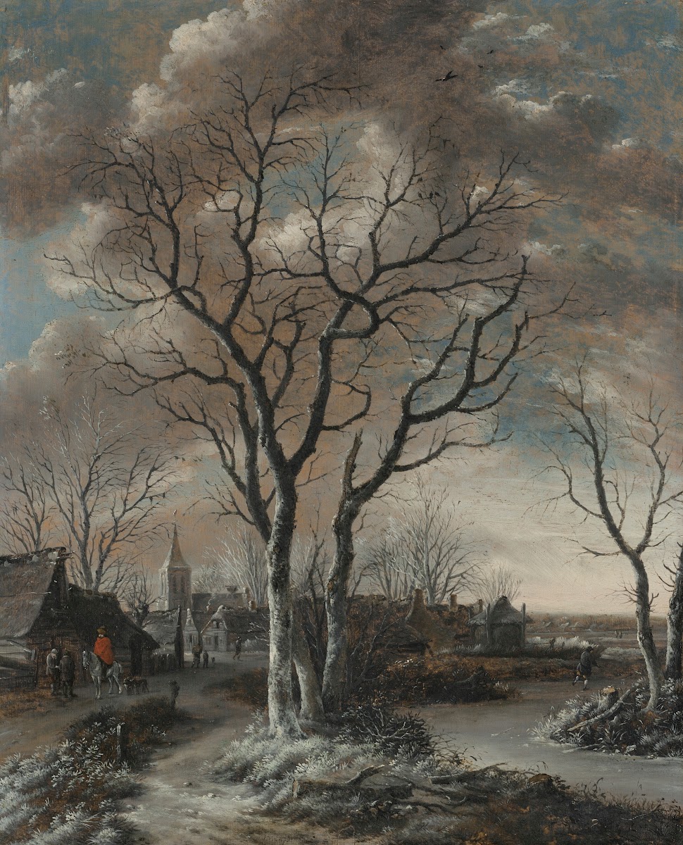 A winter landscape with skaters and other figures near a village with a church