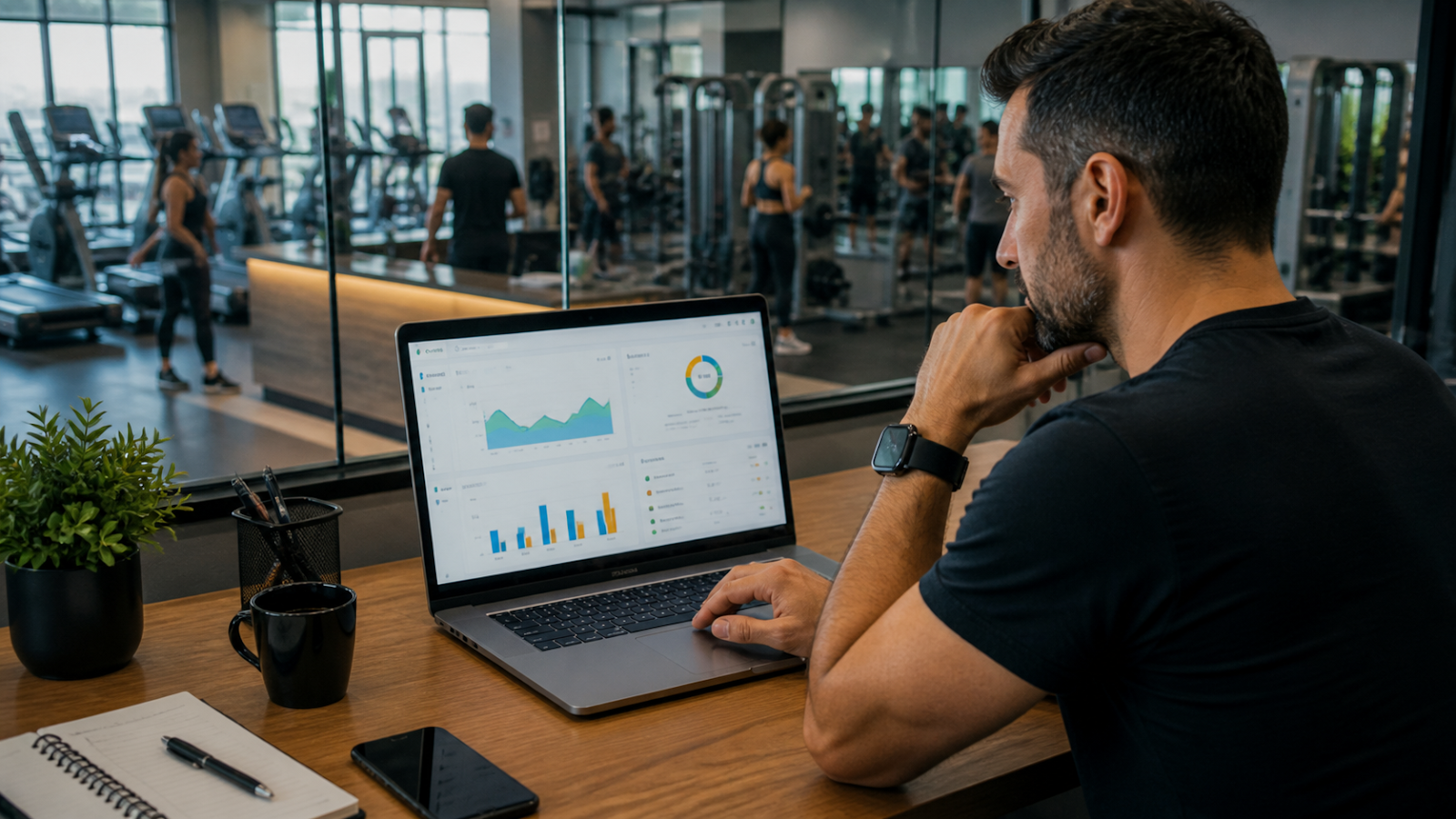 Dueño de gimnasio revisando ingresos y pagos pendientes en un dashboard