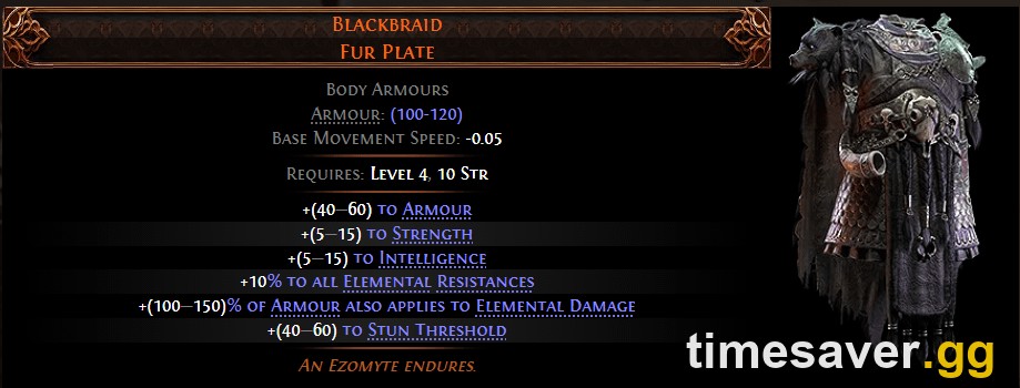 Blackbraid Fur Plate unique body armour tooltip in PoE2, an S-tier Ezomyte extraction target