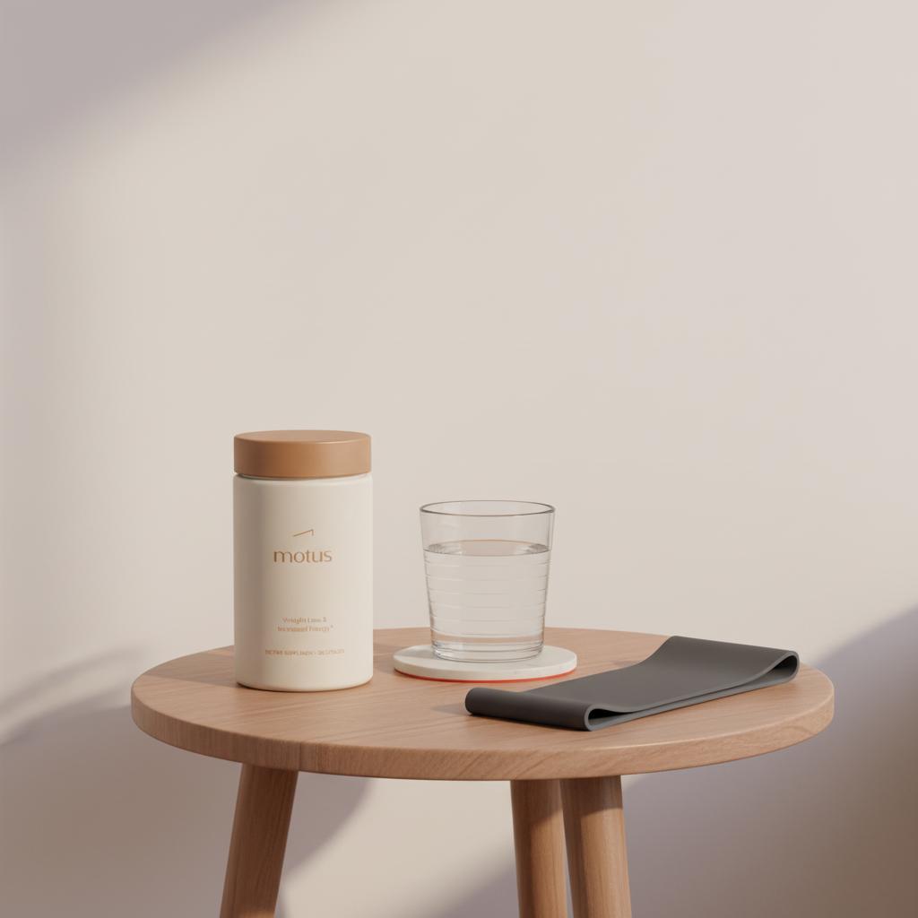 Minimal bedside scene with Tonum Motus supplement jar on a wooden table beside a glass of water and folded workout band, creatine for women over 40