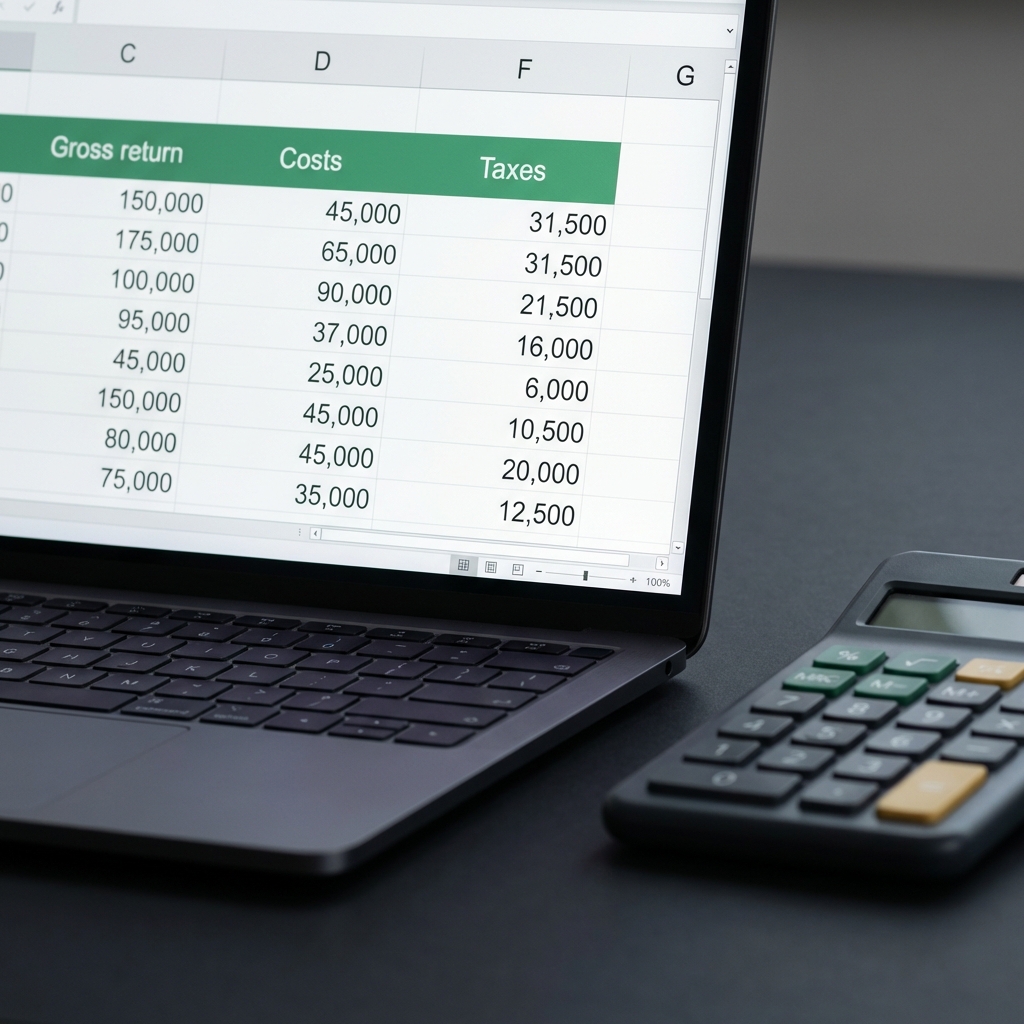 Close up minimalist spreadsheet and calculator showing Gross return Costs Taxes for scenario modeling learning how to trade stocks