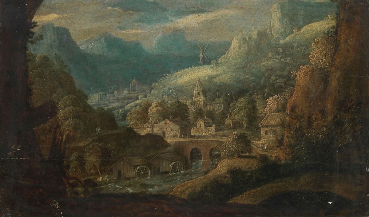 A mountainous river landscape with water mills and a village beyond
