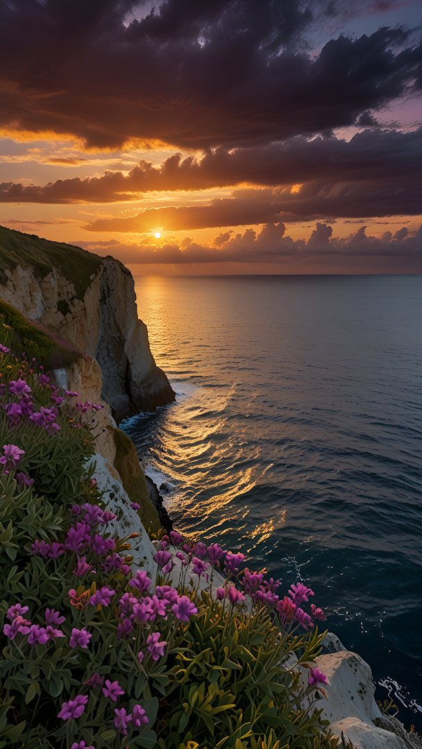 Cliffside Sunset with Purple Flowers and Ocean Glow