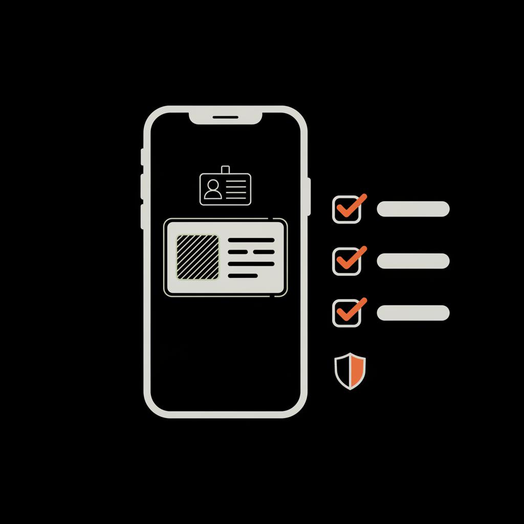 Minimal 2D vector infographic of a smartphone with an ID-card placeholder and checklist overlay on black background illustrating facebook account recovery time.