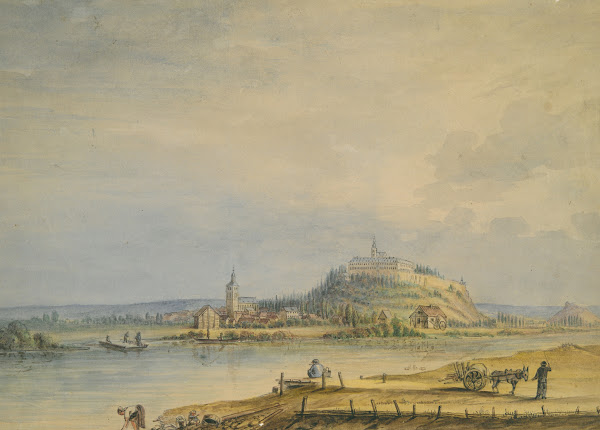 River Scene with Town Castle on Hill and LaboringPeasants 19thcentury