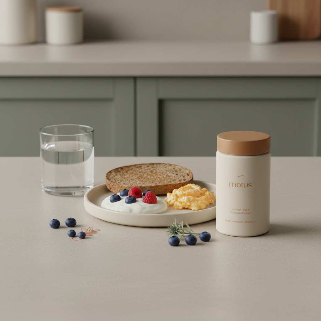 Motus supplement jar with protein-rich breakfast, berries and milk thistle icons, and a glass of water on a neutral counter — What burns the most belly fat for females?