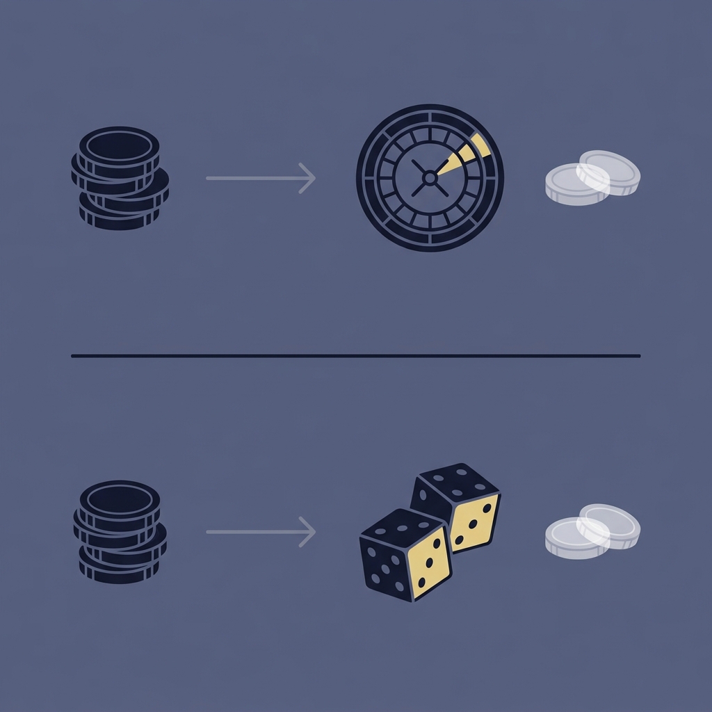 Minimal 2D vector infographic showing expected loss concept for one bet vegas two rows compare roulette wheel and dice with coin stacks accent wedges and smaller faded loss icons