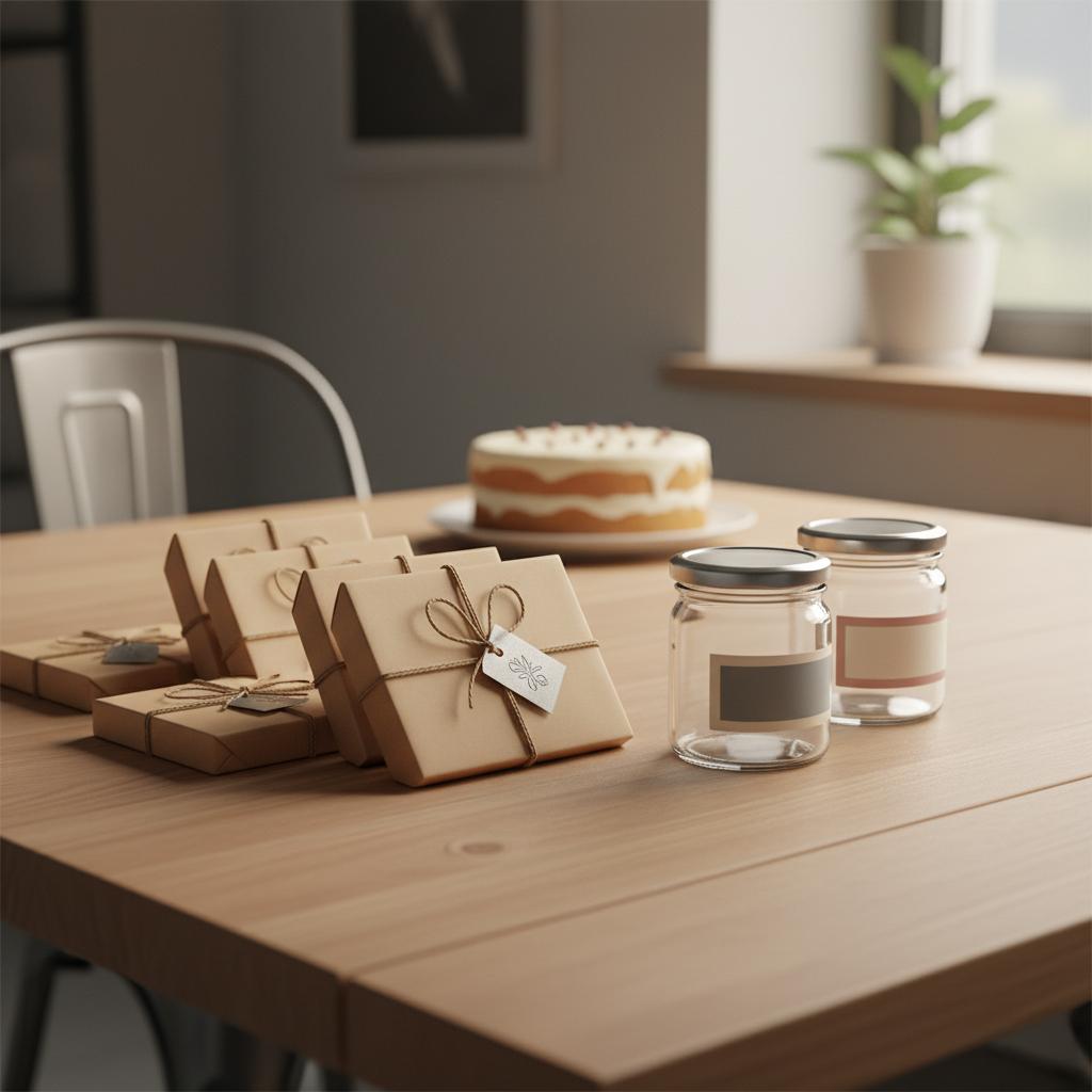 Nahaufnahme von hübsch verpackten Gastgeschenken auf Holztisch (Kraftpapier, Gläser, personalisierter Metallanhänger) – Idee für was soll ich als gastgeschenk mitnehmen