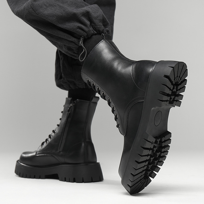 Men's Platform Boots, Lace-up Boots, Zipper, Faux Leather
