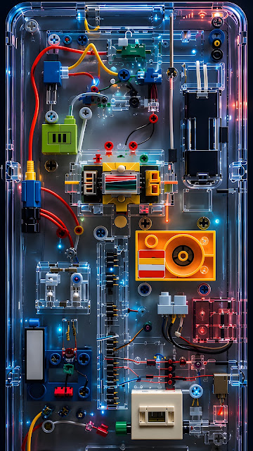 Colourful wires, switches and modular electronics sit beneath a transparent panel with blue and red edge lighting.