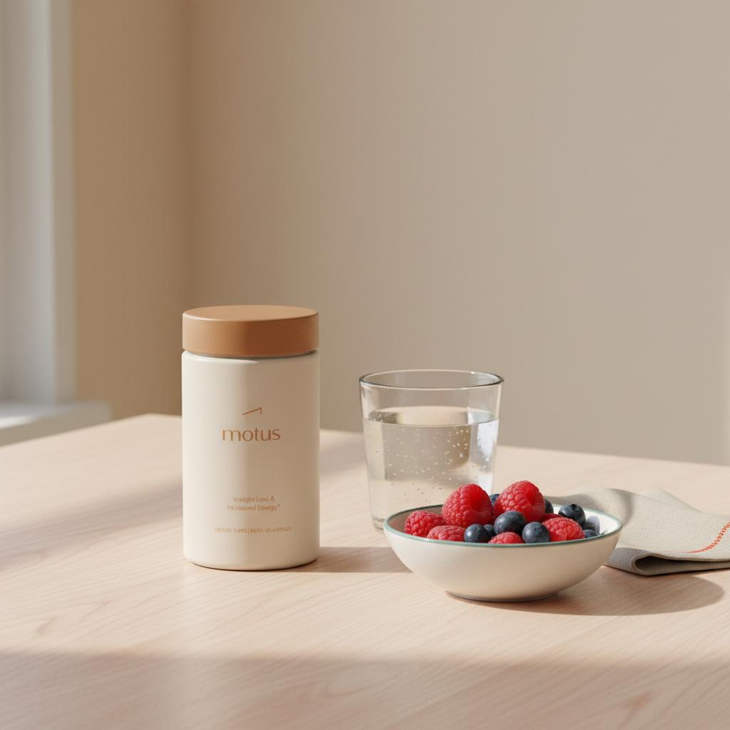 Tonum Motus supplement jar on a light wooden table with mixed berries and a glass of water, minimalist scene illustrating alpha-lipoic acid side effects