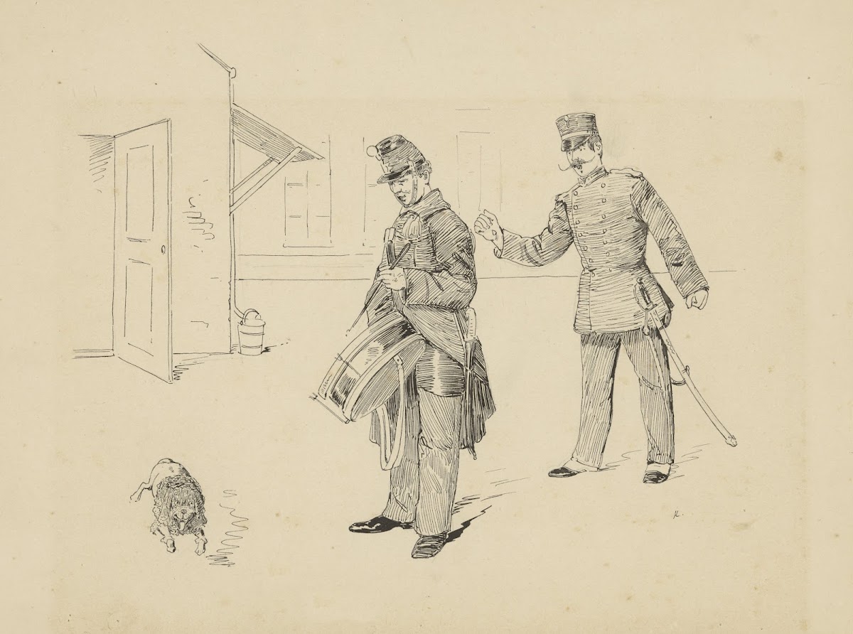 Militair met trommel kijkend naar een hond 1898