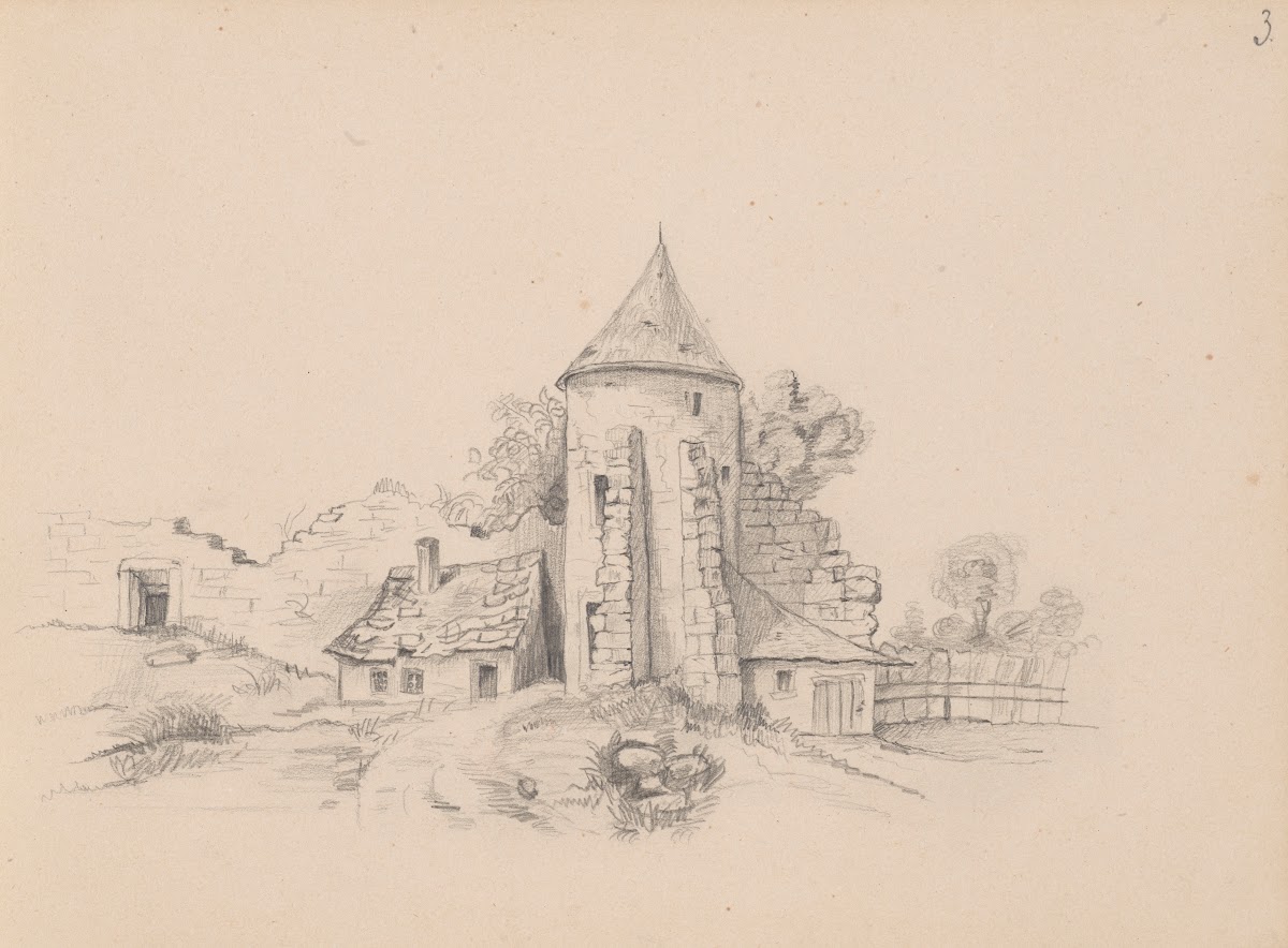 Ruins of a castle wall with tower 1880 1881
