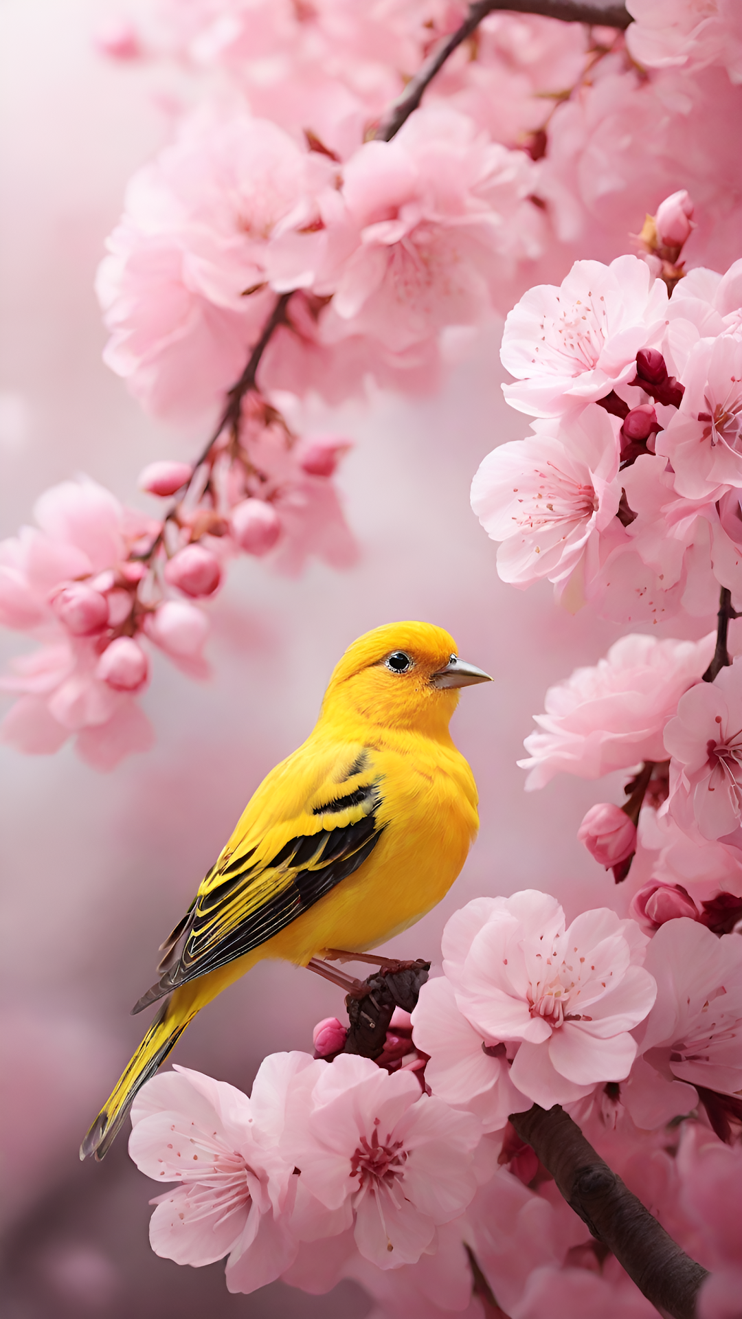 Vibrant Yellow Bird Perched Among Pink Cherry Blossoms - Free 4K mobile Wallpaper
