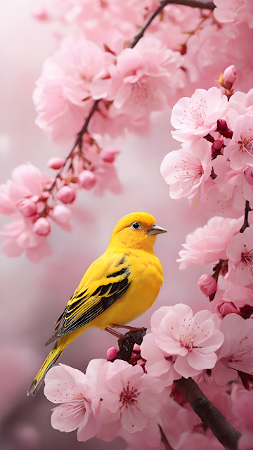 Vibrant Yellow Bird Perched Among Pink Cherry Blossoms - Free mobile Wallpaper