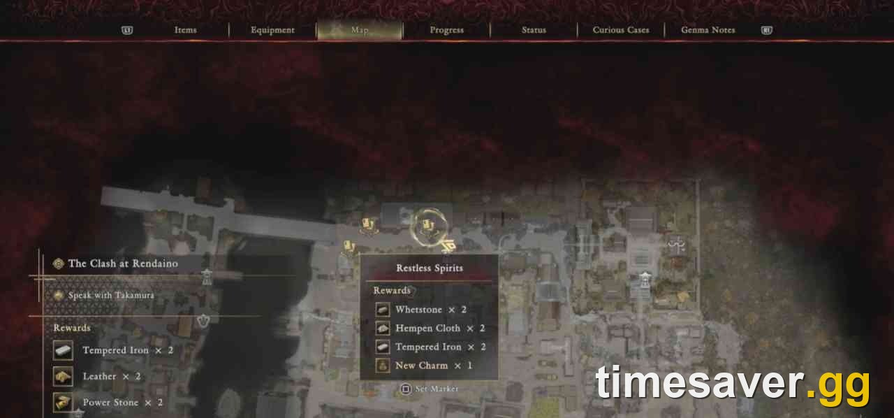 In-game map during The Clash at Rendaino with the Speak with Takamura objective and the Restless Spirits chance encounter marked