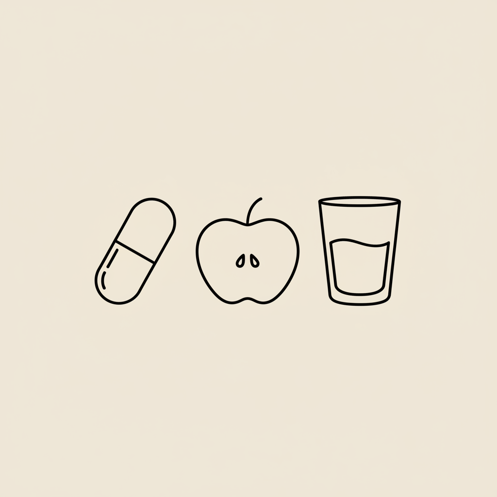 Minimal Tonum-style line illustration of a capsule, apple slice, and water glass on beige background, representing apple cider vinegar pills