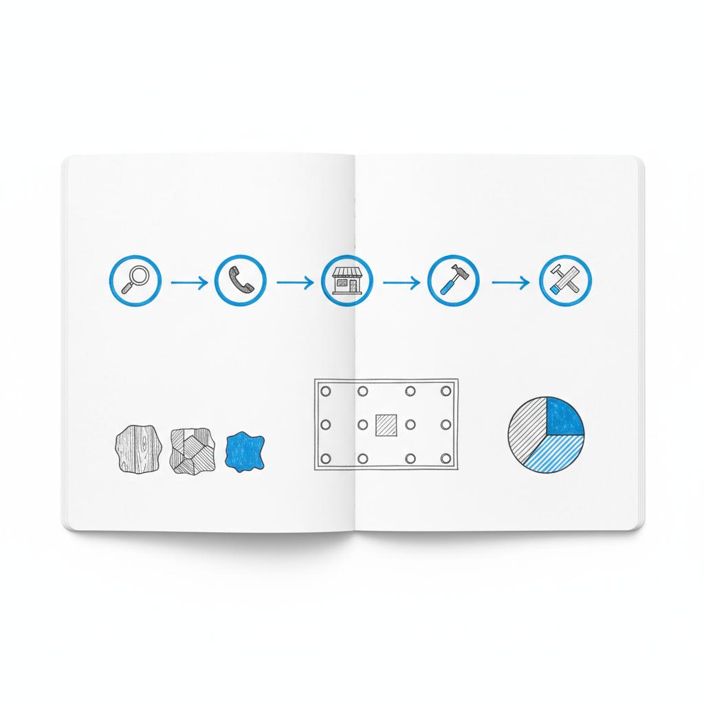 Notebook-style sketch showing a flooring company customer journey with icon steps, floor sample sketches and a showroom layout &mdash; Where to advertise a flooring business?
