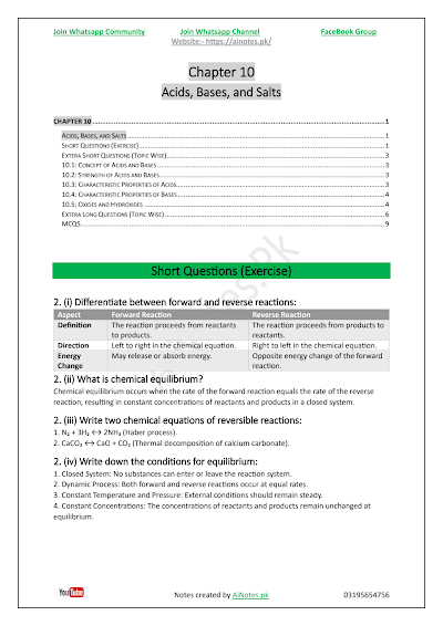 FBISE Class 9 Chapter 10 Acids, Bases, and Salts