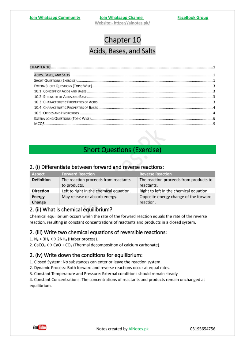 FBISE Class 9 Chapter 10 Acids, Bases, and Salts