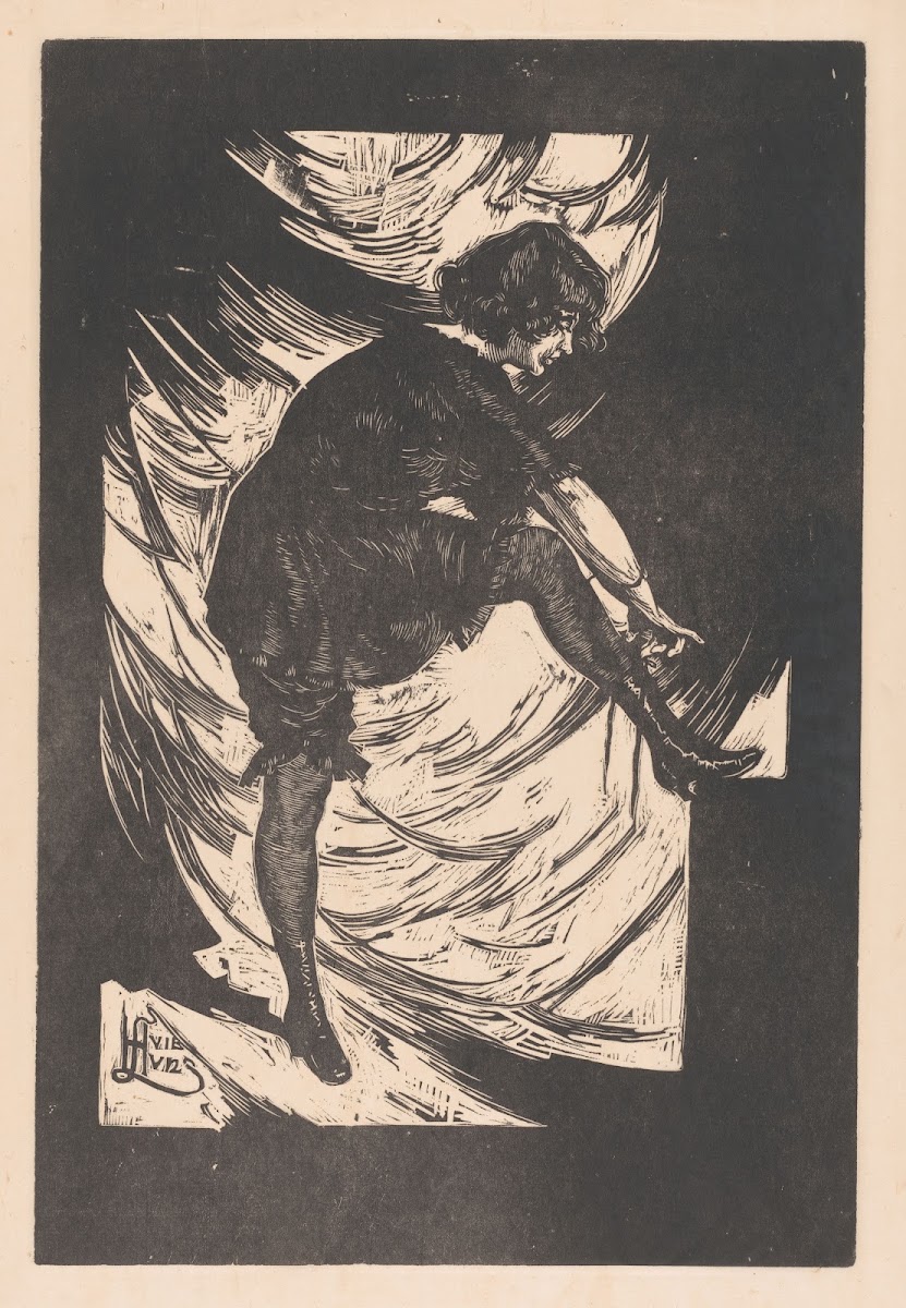 Jonge vrouw strikt de veters van haar laars 1891   1931