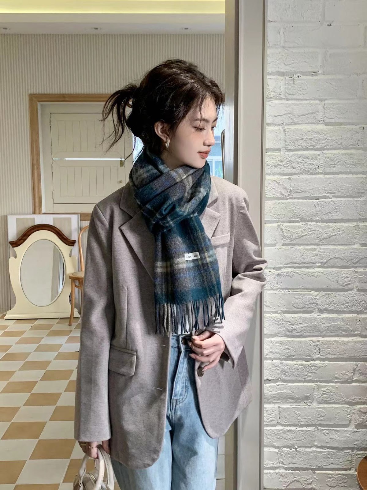 Wool Scarf, 100% Wool, Checkered, 30x180 cm
