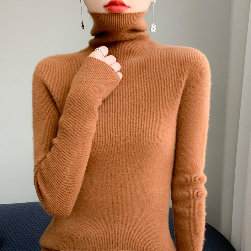 Women's knit sweater with stand-up collar, fitted