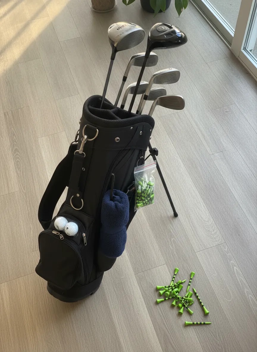 golf accessories for beginners list showing golf bag essentials with lime golf tees