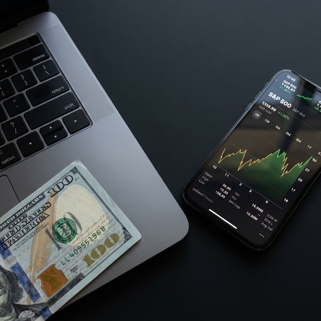 Top down full frame photo of a partial US 100 dollar bill beside a laptop keyboard and a smartphone showing a stock chart styled for investing with $100 in Finance Police brand colors