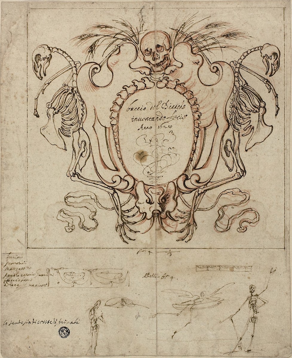 Funereal Cartouche With Inscription And Sketches Of Skeletons And Ornamental Det