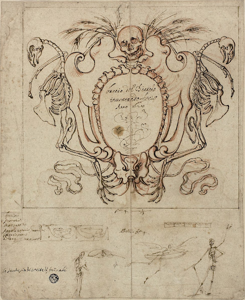 Funereal Cartouche With Inscription And Sketches Of Skeletons And Ornamental Det