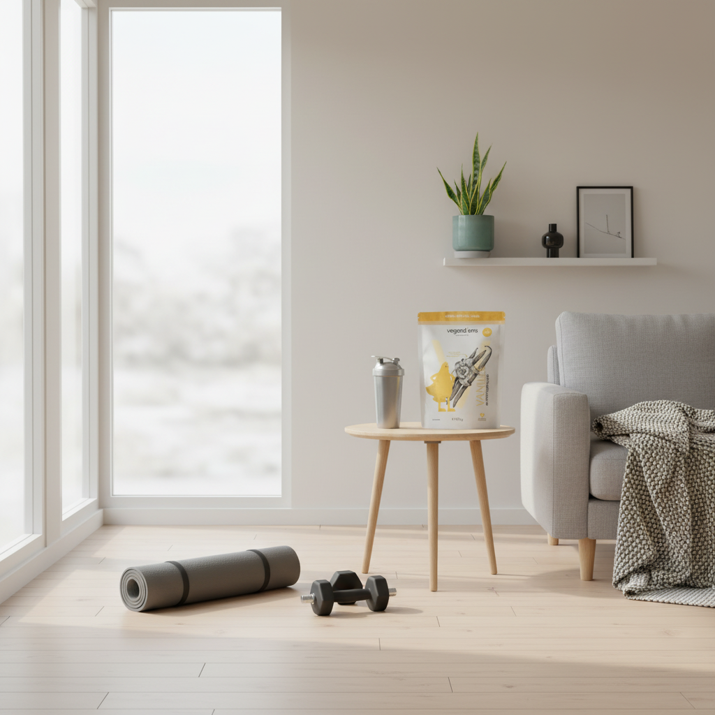 Minimalistisches Wohnzimmer mit Yogamatte, Kurzhanteln und geschlossenem Proteinshaker auf Side‑Table – Wie erkenne ich einen Cortisol-Bauch? Helles Winterlicht, Vegardians-Farben.