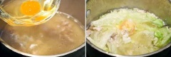 Cải thảo rửa sạch, thái miếng vừa ăn. Tỏi băm nhỏ. Bắc 1 cái nồi lên bếp, cho dầu ăn vào đun nóng, bỏ tỏi vào phi thơm, sau đó chp thịt vào. Đổ nước vào đun sôi, sau đó cho cải thảo và trứng muối vào, đun sôi trở lại là tắt lửa.