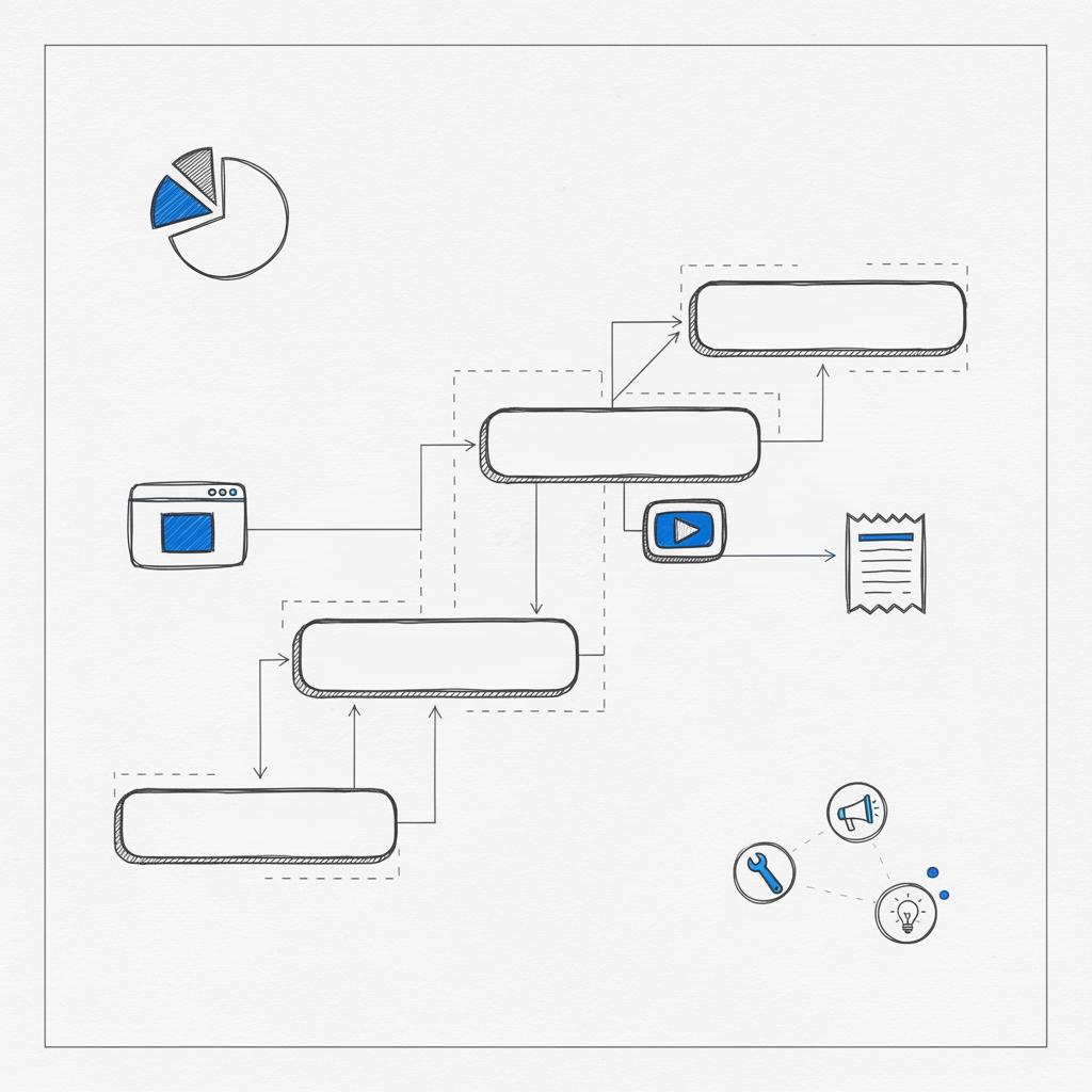 Notebook-style sketched customer journey map for a small business with connected stage boxes and icons for website, demo, and invoice in Agency Visible colors; Facebook ads targeting business owners