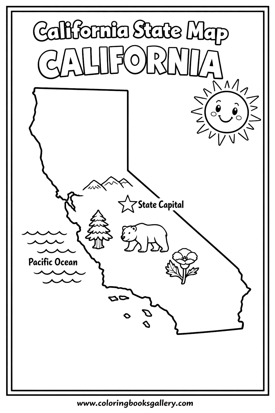 California State Map for Kids – Simple Educational Printable Coloring Page for Kids – printable coloring page