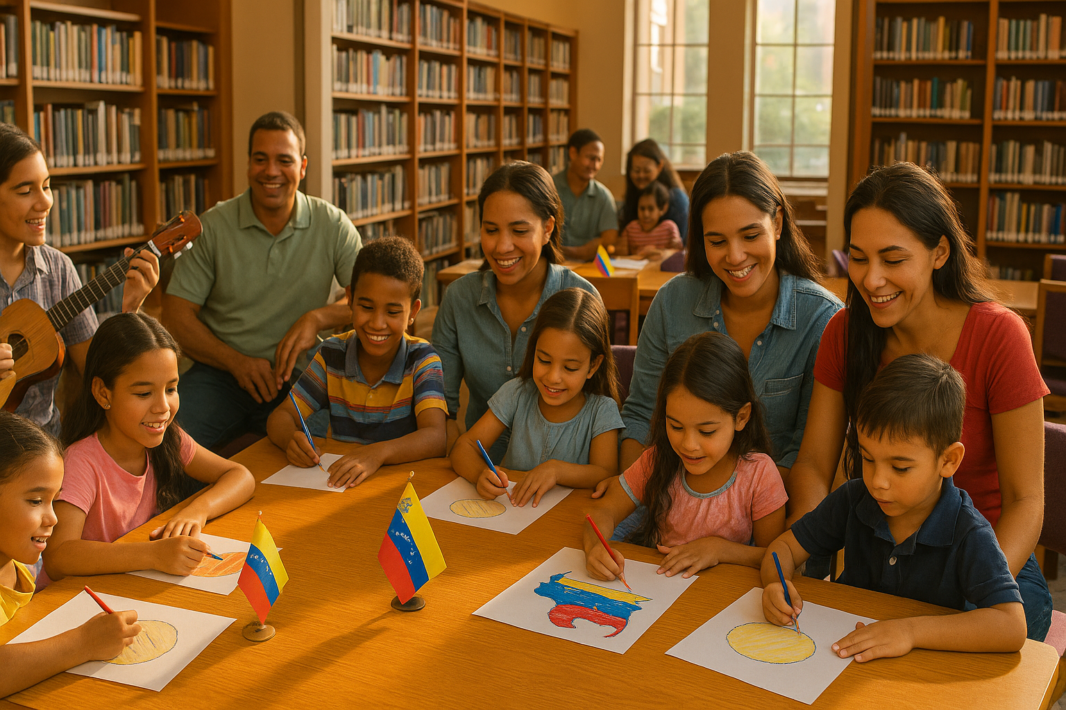 Niños y familias venezolanas reunidos en una biblioteca, aprendiendo con un cuatro y libros