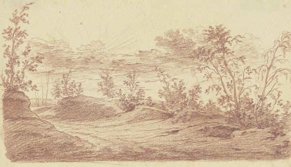 Abendlandschaft im Vordergrund ein Waldweg mit lichtem Buschwerk