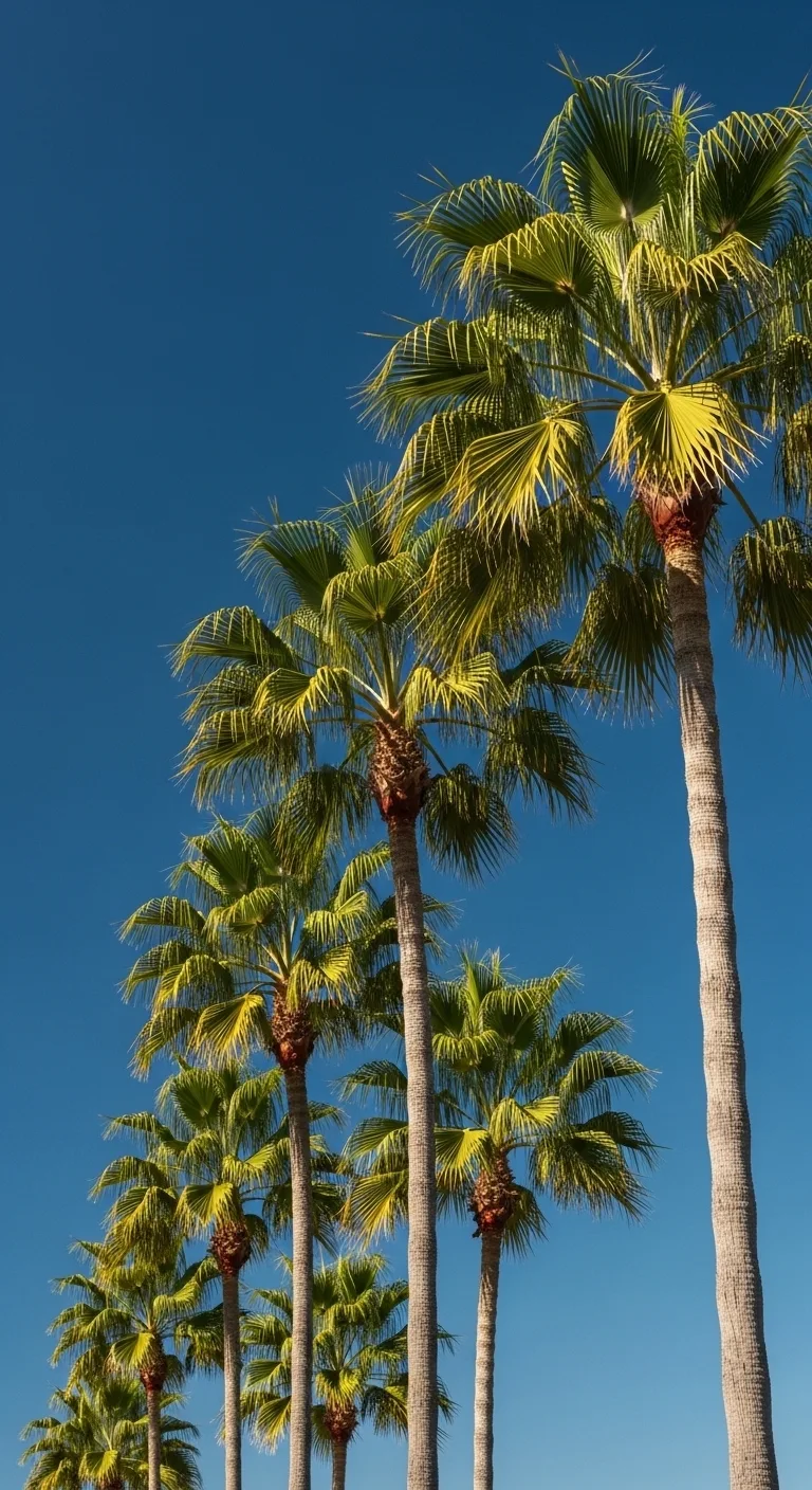 Low-Angle View of Tropical Palm Trees Swaying Against a Bright Blue Sky - Free 4K mobile Wallpaper
