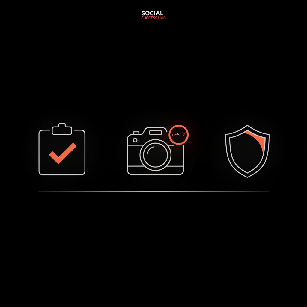 Minimal vector infographic on black background showing checklist, timestamped camera, and shield icons in Social Success Hub brand colors — can Google delete a review