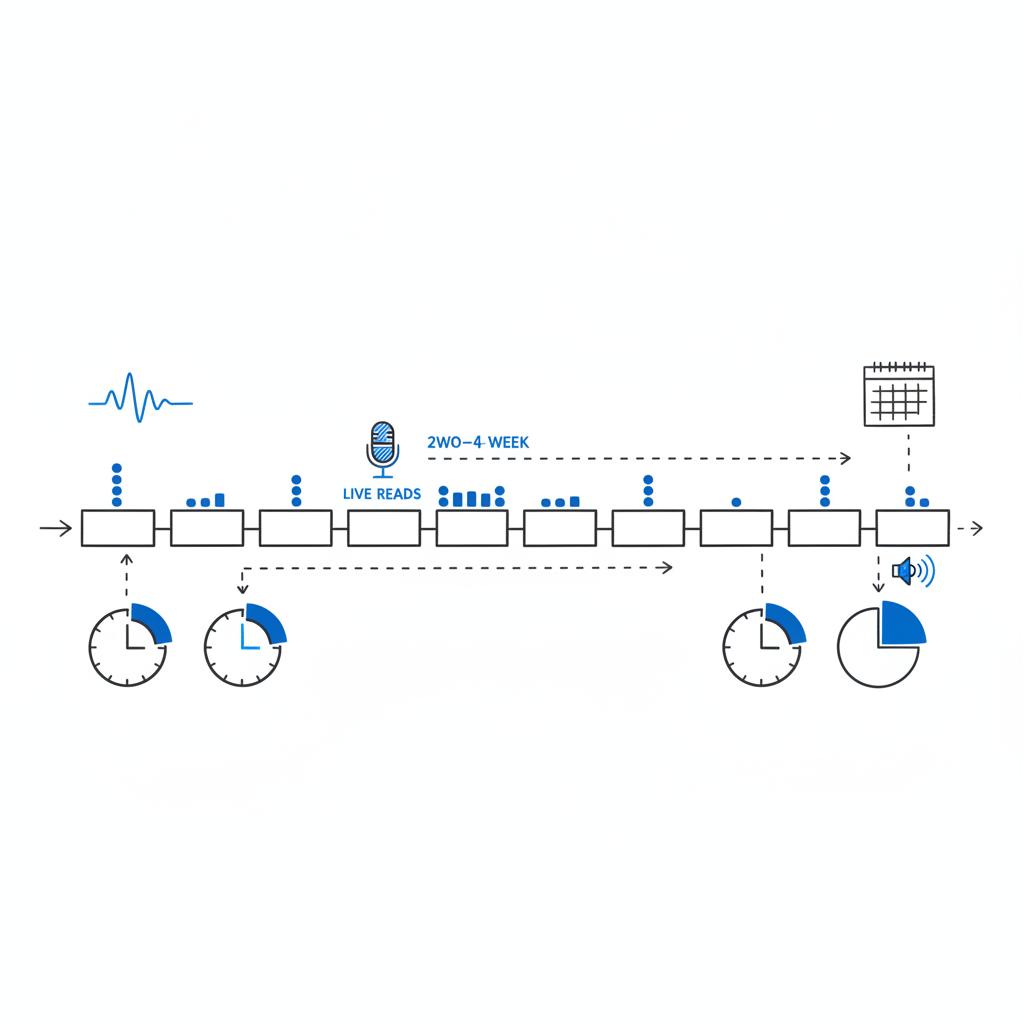 Vector notebook-style timeline sketch showing a two-to-four-week radio advertising flight with segmented clock dayparts, dot-based frequency counts, microphone (live) and speaker (produced) icons.
