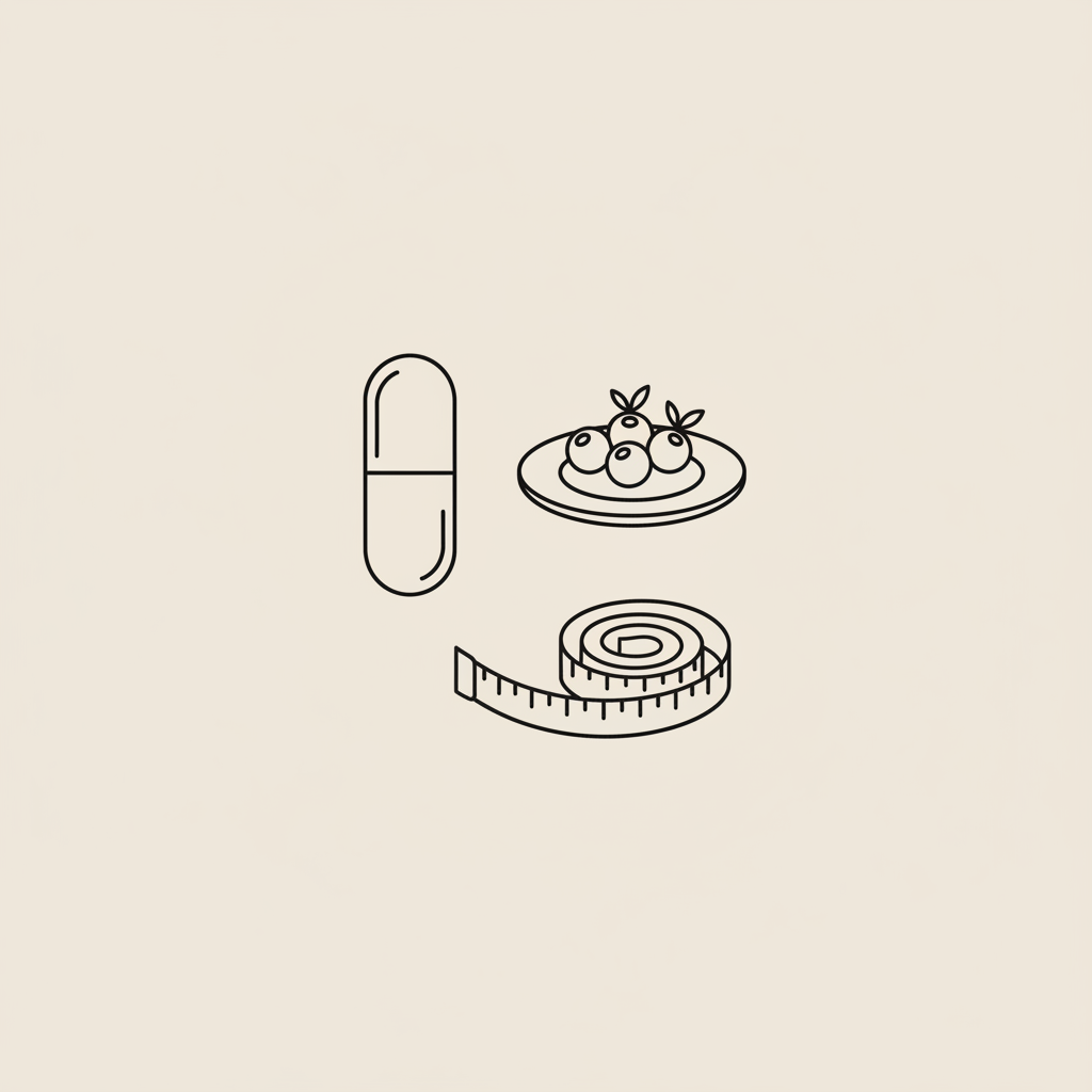 Minimal Tonum-style line illustration of a capsule, small plate of berries and a tape measure on beige background — how much CLA to take for weight loss