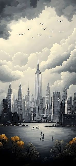 Monochromatic New York City Skyline Illustration - Free mobile Wallpaper