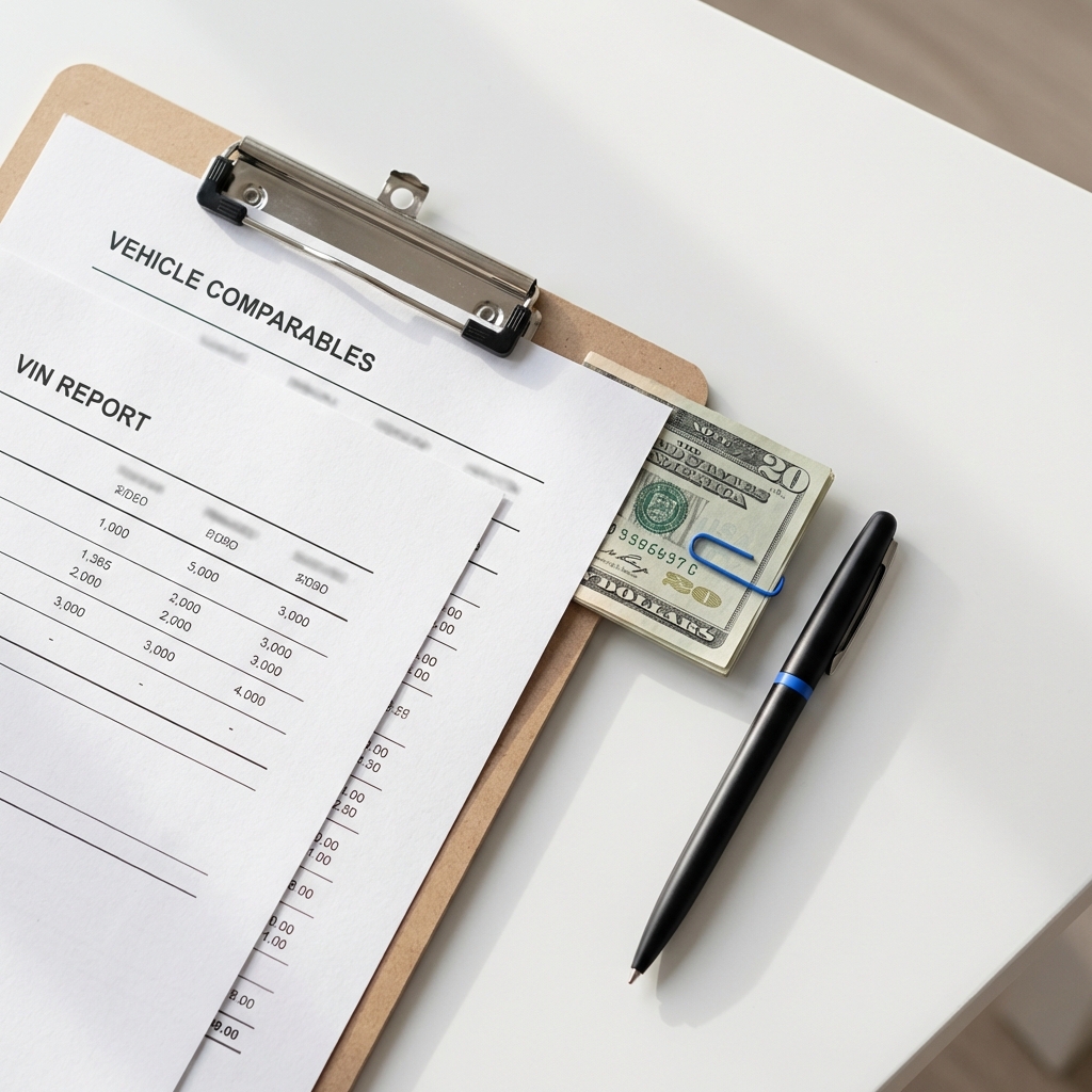 Top down still life of a clipboard with vehicle comparables VIN report sheet and a small stack of cash illustrating blue book value vs trade-in value comparison