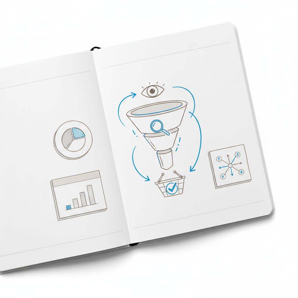 Close-up notebook sketch of a marketing funnel with metric sticky-note graphics, minimalist Agency Visible style illustrating CPA in Google Ads